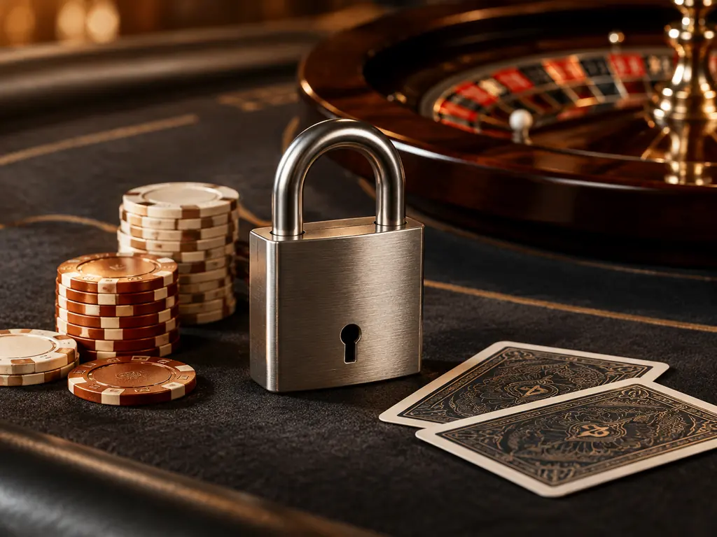 Gembok logam di samping chip dan kartu pada meja casino grafit