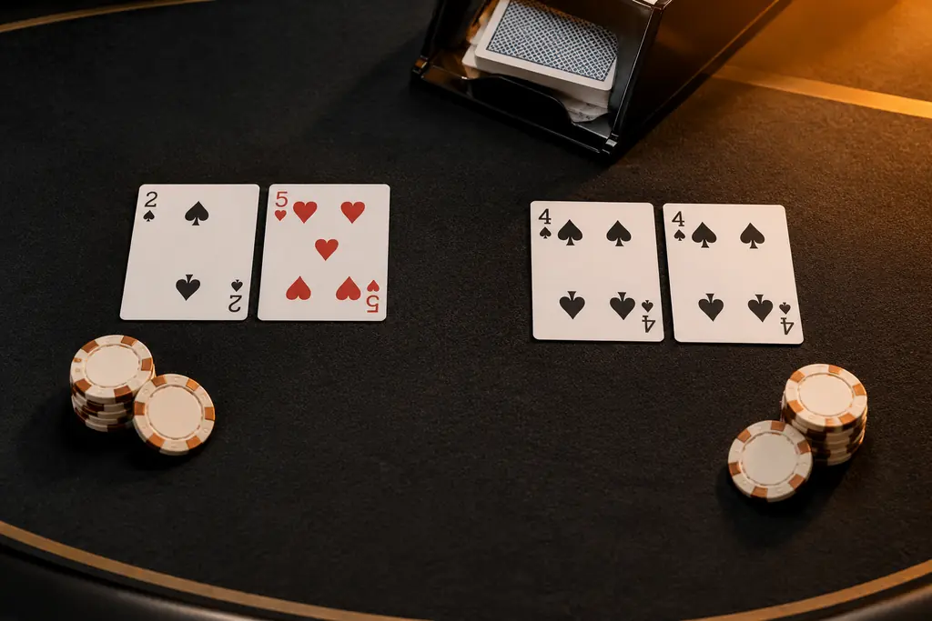 Dua kelompok kartu baccarat, chip dan sepatu kartu pada kain casino grafit