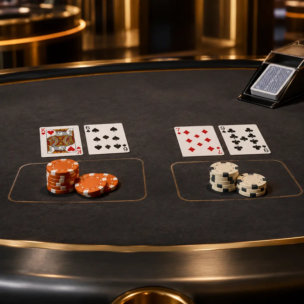 Meja baccarat casino dengan dua area kartu dan keping jingga