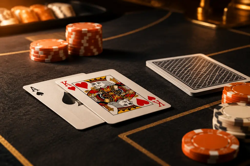 Kartu blackjack dan keping pada meja casino berwarna grafit