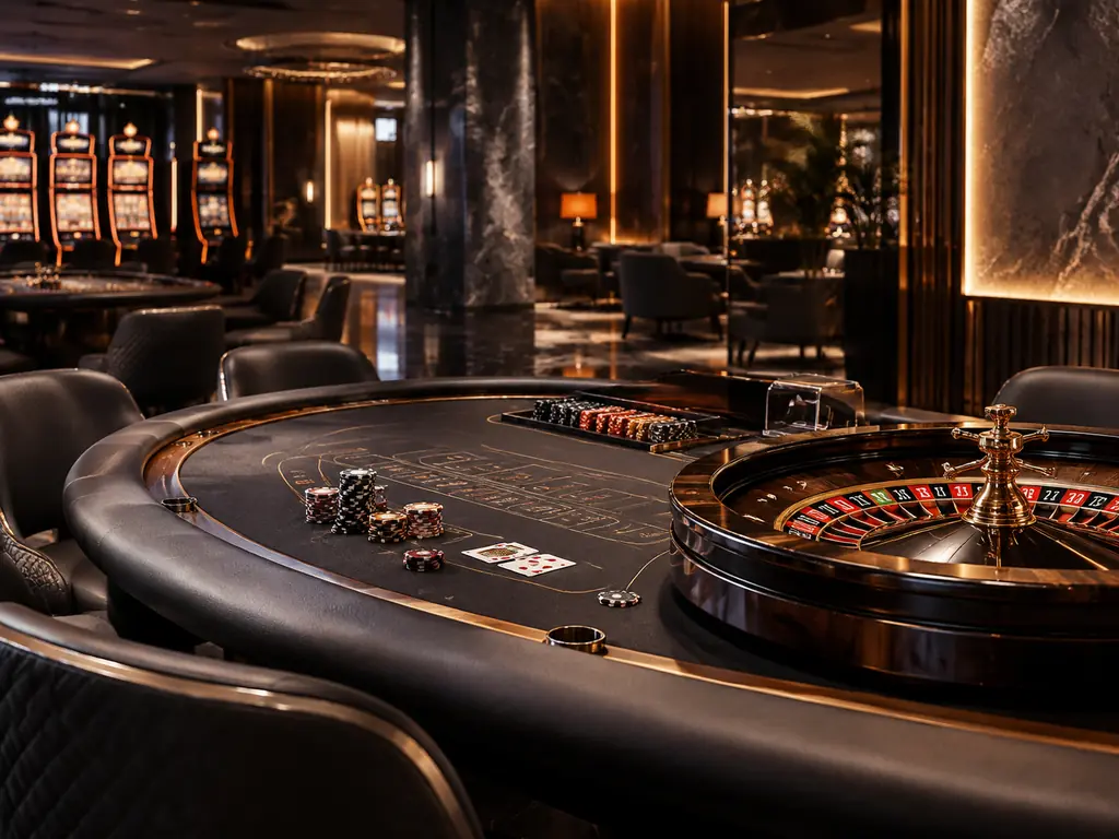 Ruang casino bergaya grafit dengan meja kartu dan roda roulette