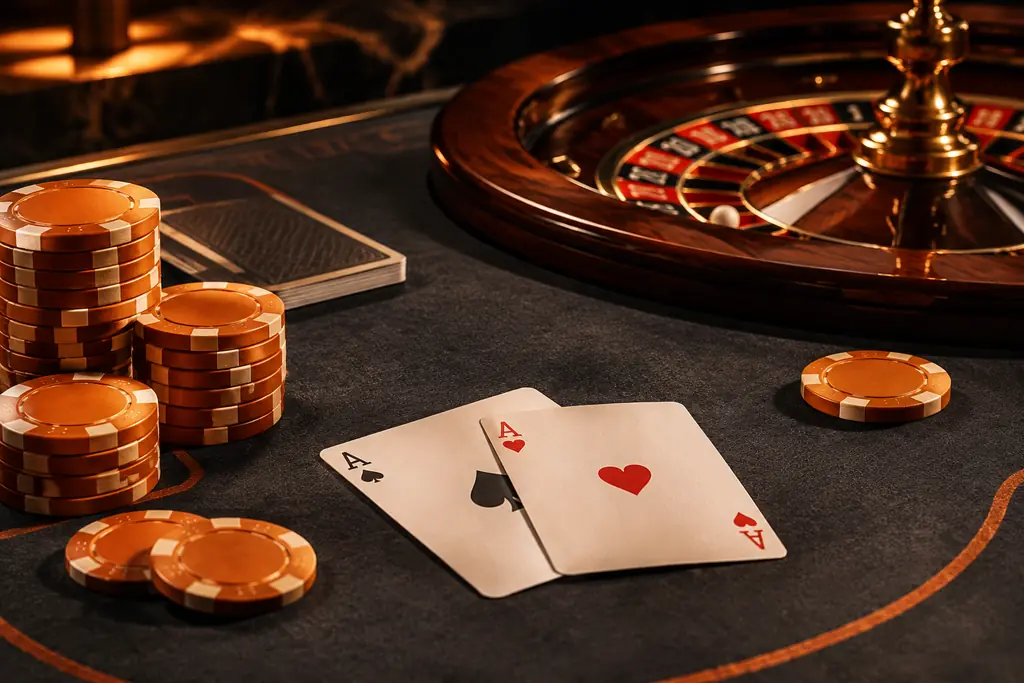 Meja casino dengan kartu, keping dan roda roulette dalam warna grafit