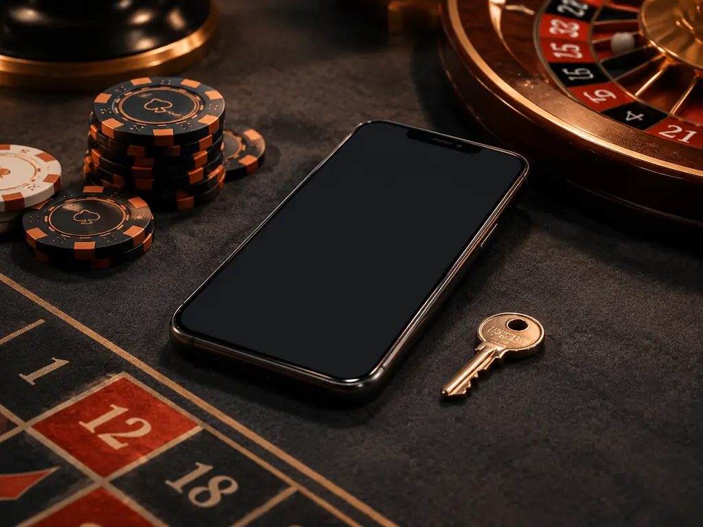 Ponsel dengan layar akses netral, kunci dan chip di meja casino berwarna grafit