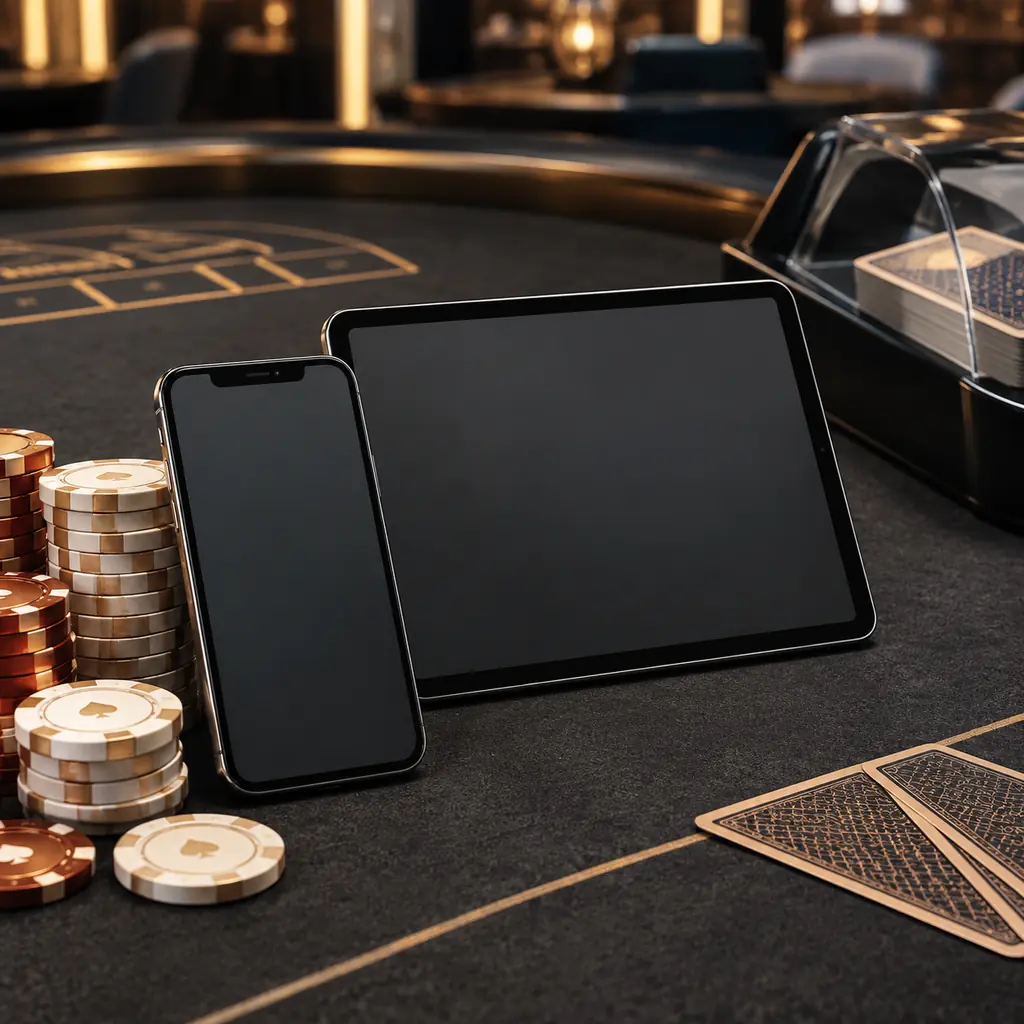 Ponsel dan tablet dengan layar halaman netral di samping kartu dan chip casino