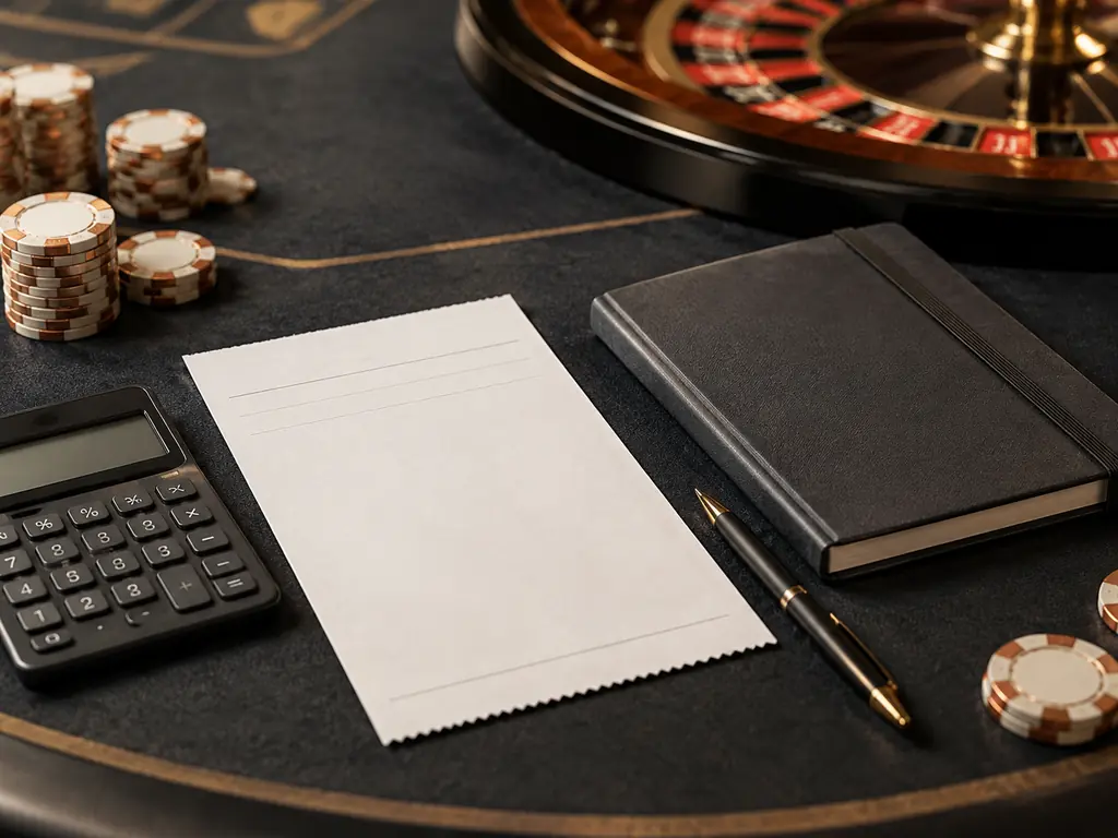 Lembar catatan kosong, kalkulator dan chip di meja casino grafit