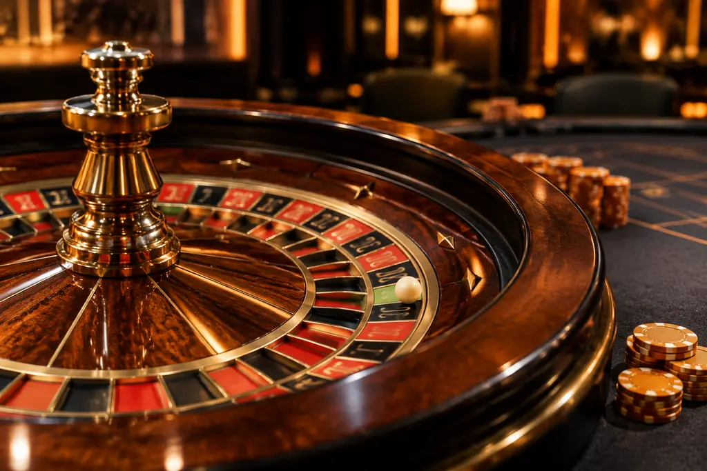 Roda roulette casino dengan bola putih dan keping pada meja grafit