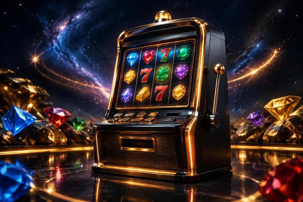 Mesin slot casino dengan motif permata berwarna dan cahaya jingga