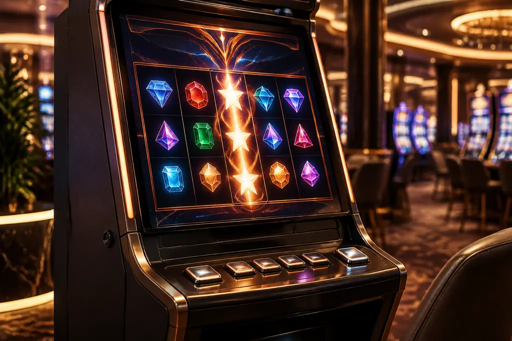 Kabinet slot bertema permata dengan layar simbol bergaya konseptual di casino