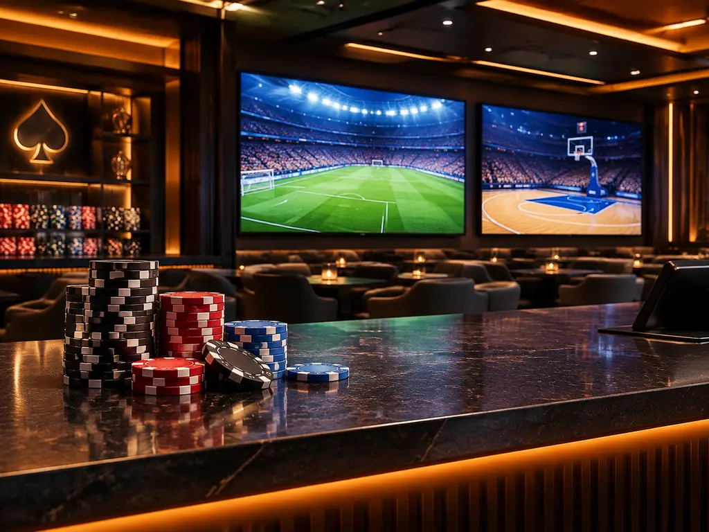 Area olahraga dalam casino dengan layar lapangan sepak bola dan bola basket