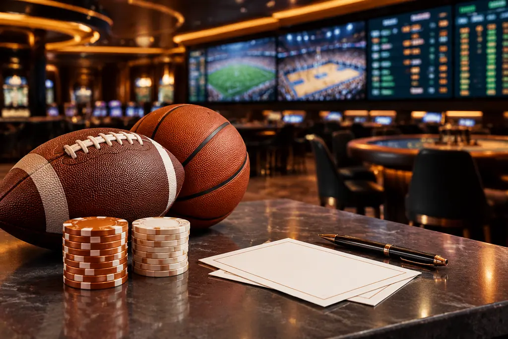 Bola sepak, bola basket dan kartu catatan kosong di area sportsbook casino